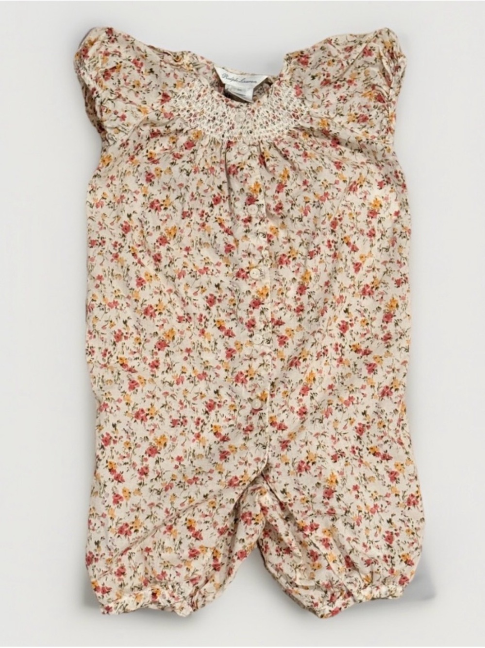 Ralph Lauren Baby Girl Short Sleeve Floral Smocked Romper Sz 6 Months
